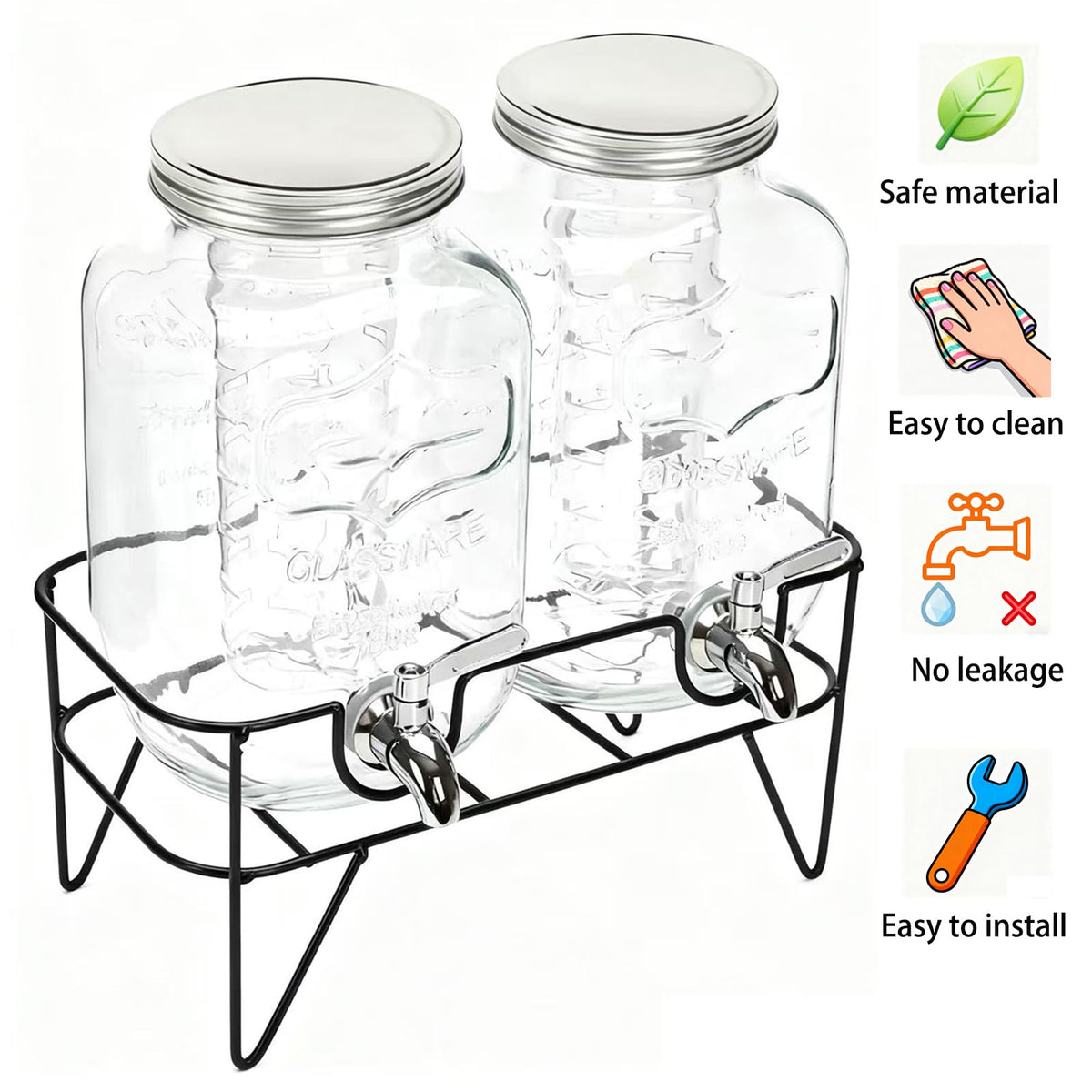 1 Gallon Glass Drink Dispenser with Stand 2 Pack W31007