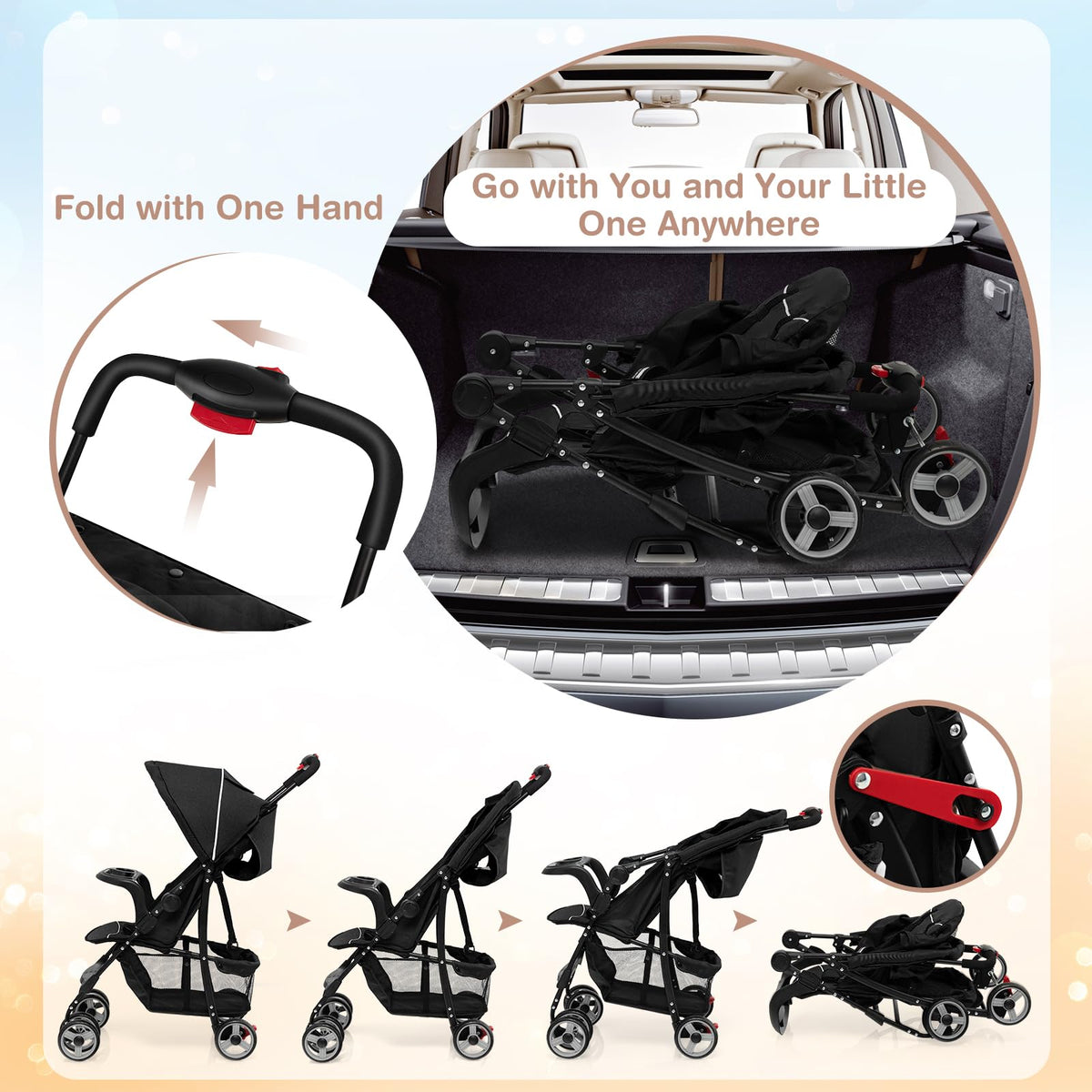 Lightweight Compact Toddler Travel Stroller with Canopy, 5-Point Harness, Storage Basket, One-Hand Fold, Black Y331