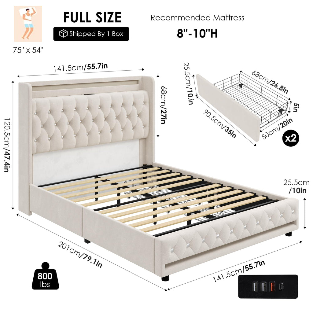 Beige Upholstered Full LED Bed Frame with Storage L387951