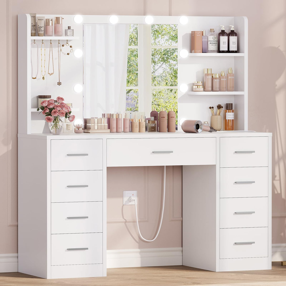 White Vanity Desk with Mirror and Lights, 9 Drawers, Outlet U797736