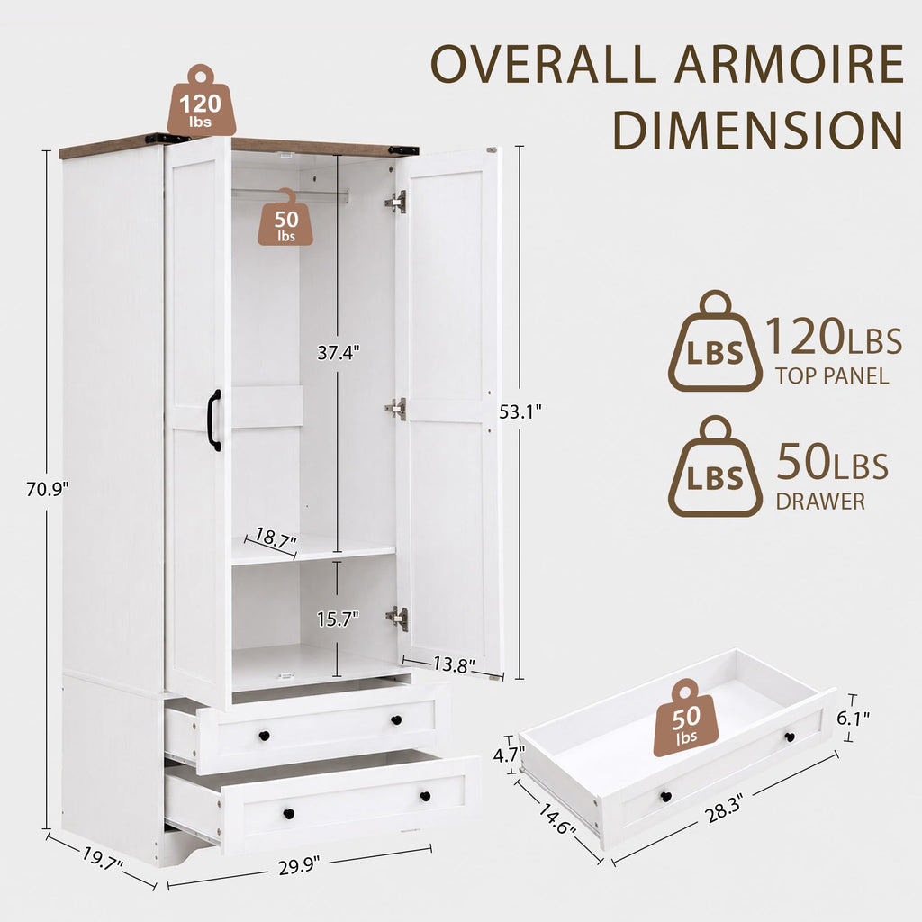 71" White Wooden Armoire Wardrobe Closet with 2 Doors & 2 Drawers C3751