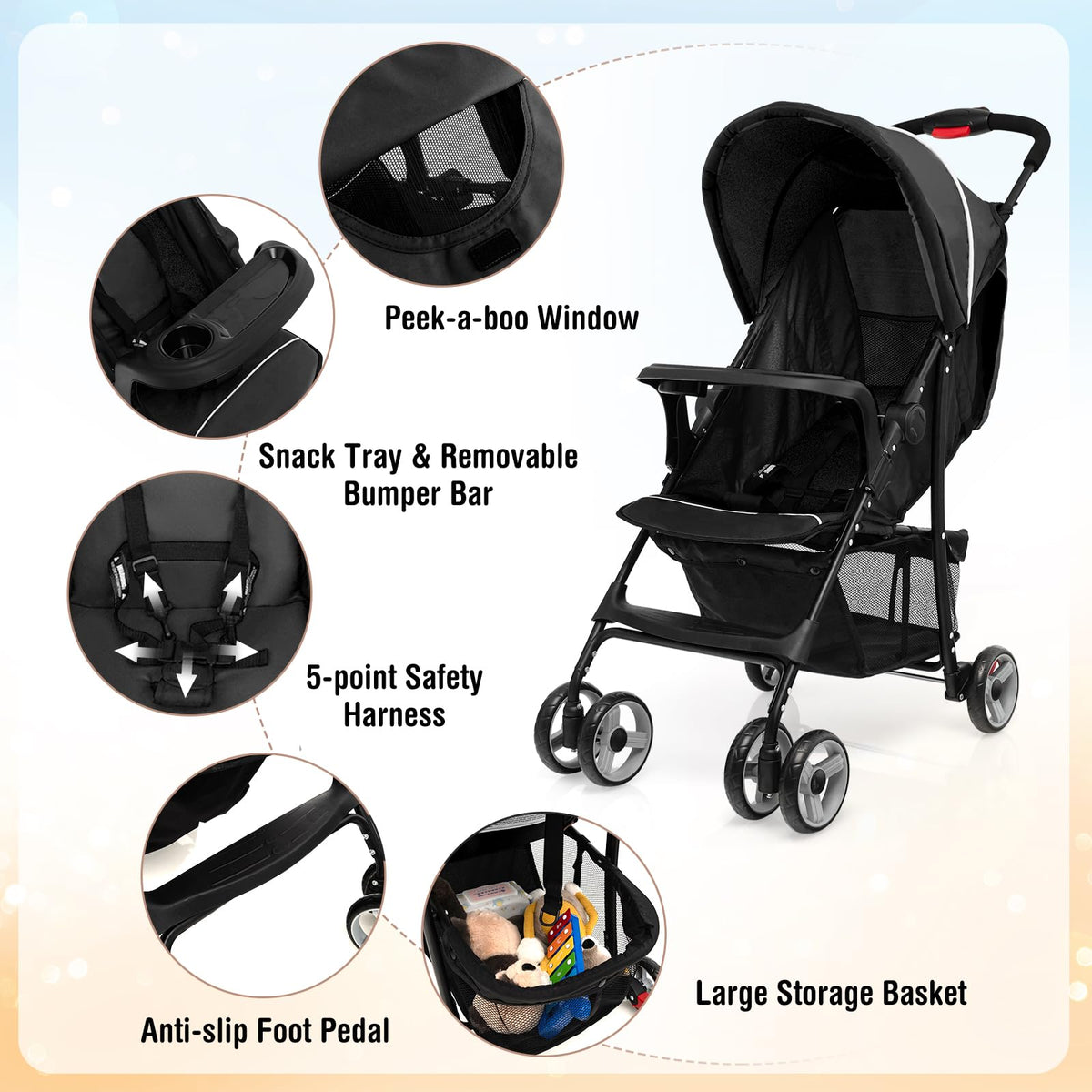 Lightweight Compact Toddler Travel Stroller with Canopy, 5-Point Harness, Storage Basket, One-Hand Fold, Black Y331