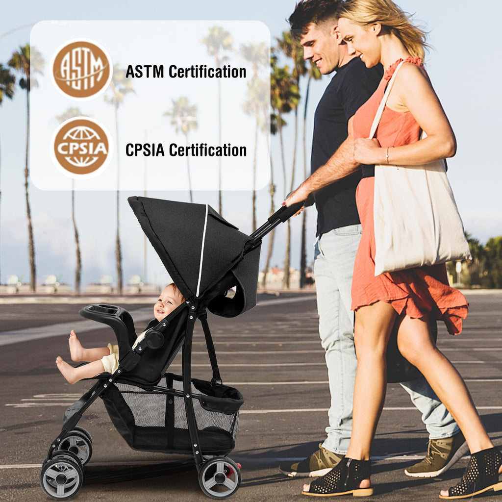 Lightweight Compact Toddler Travel Stroller with Canopy, 5-Point Harness, Storage Basket, One-Hand Fold, Black Y331