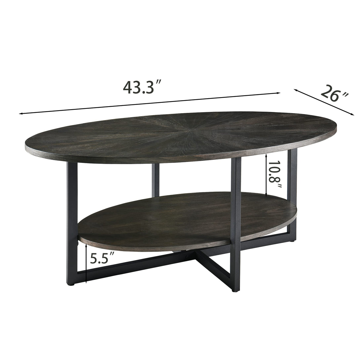 Wood Oval Coffee Table with Storage Shelf, 2-Tier, Black Brown V57608