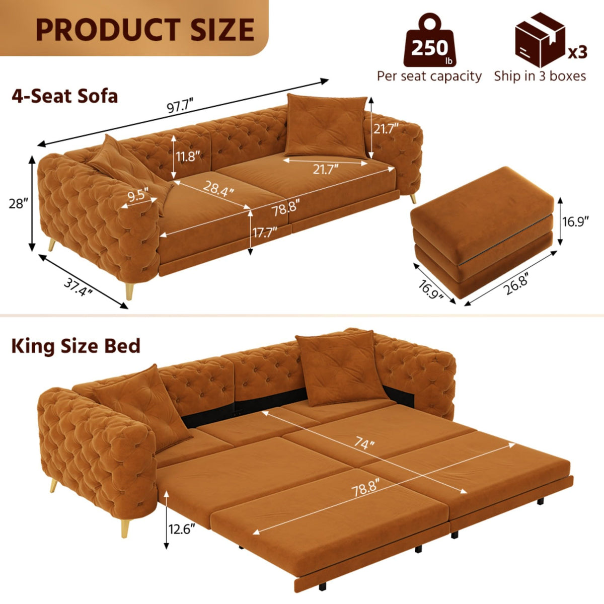 Velvet Convertible Sleeper Sofa with Ottoman O281