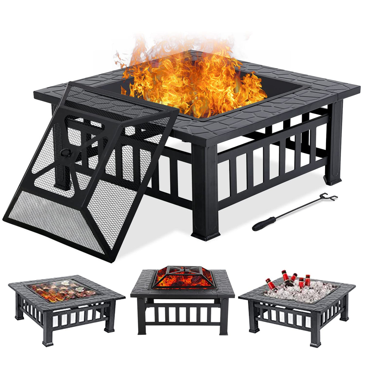 32" Square Wood Burning Fire Pit Table with Spark Screen Y376532