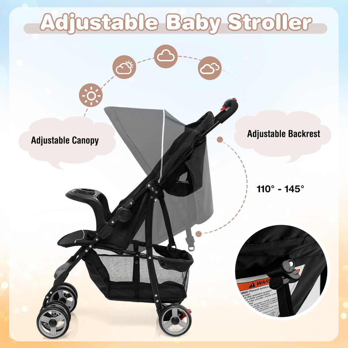 Lightweight Compact Toddler Travel Stroller with Canopy, 5-Point Harness, Storage Basket, One-Hand Fold, Black Y331