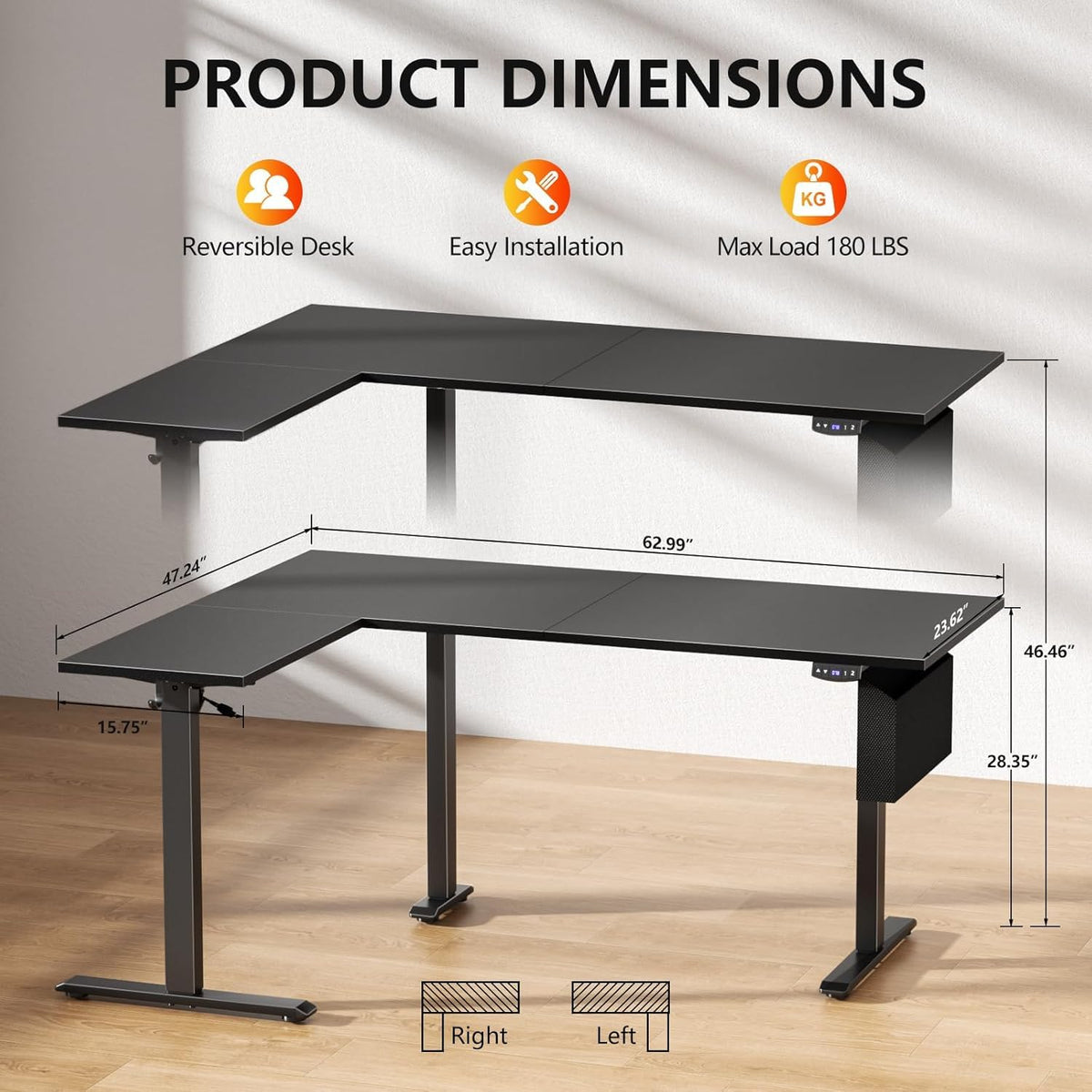 63" L Shaped Height Adjustable Standing Desk H1195