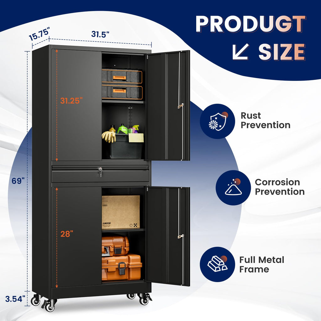 Black Metal Rolling Storage Cabinet with Locking Doors and 1 Drawer O29051