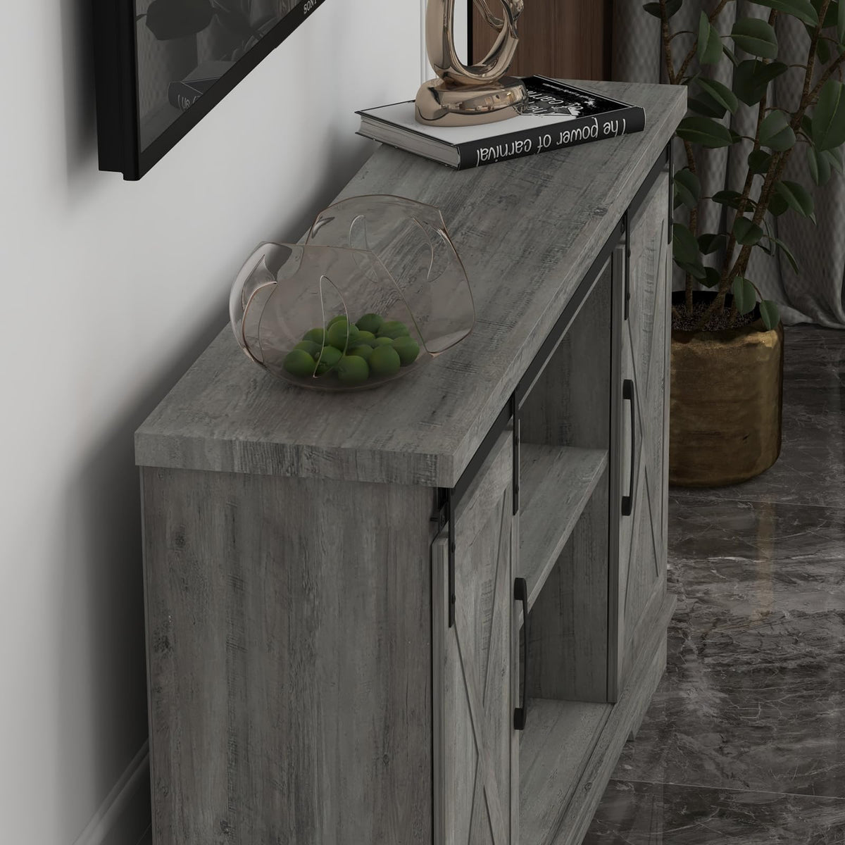 65 Inch TV Stand with Sliding Barn Doors J8129