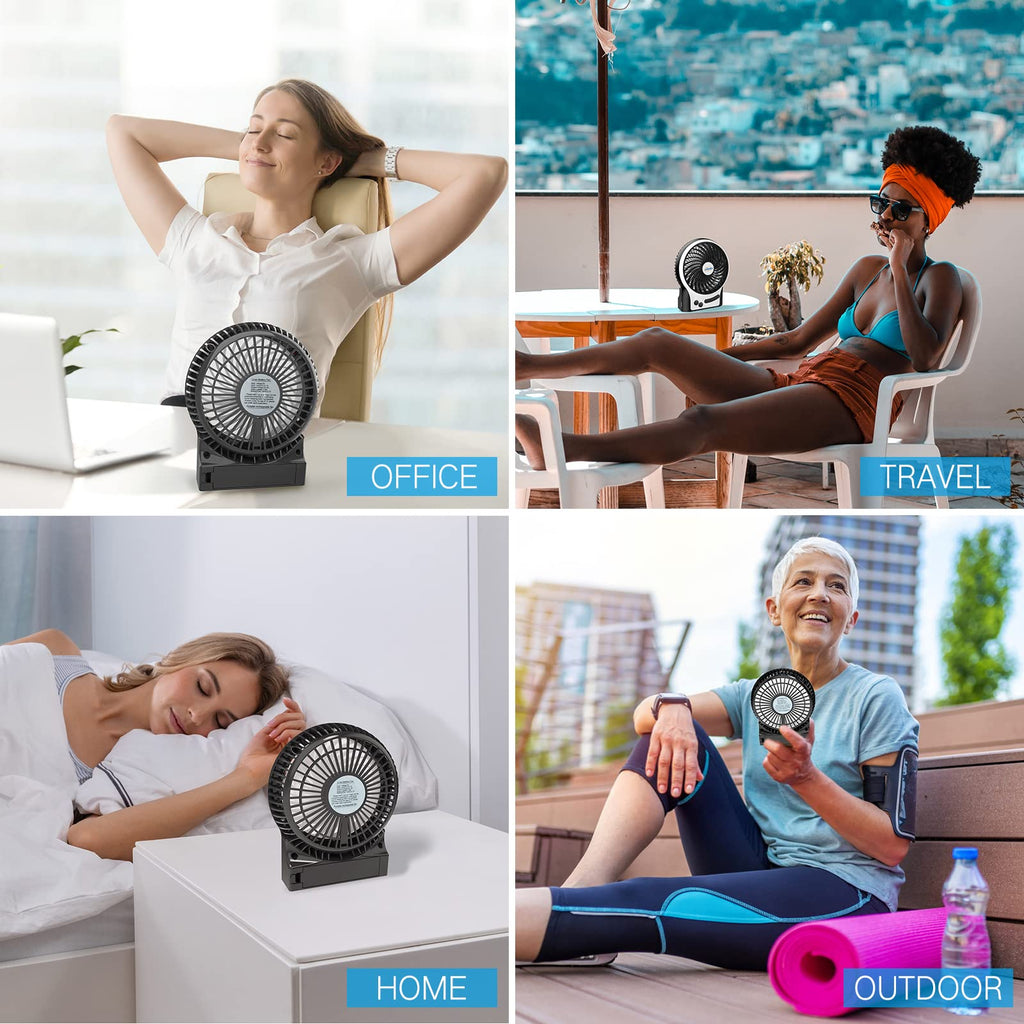 4.9-Inch Mini Desk Fan, 3 Speeds, Rechargeable USB Powered with LED Light, Black I730744