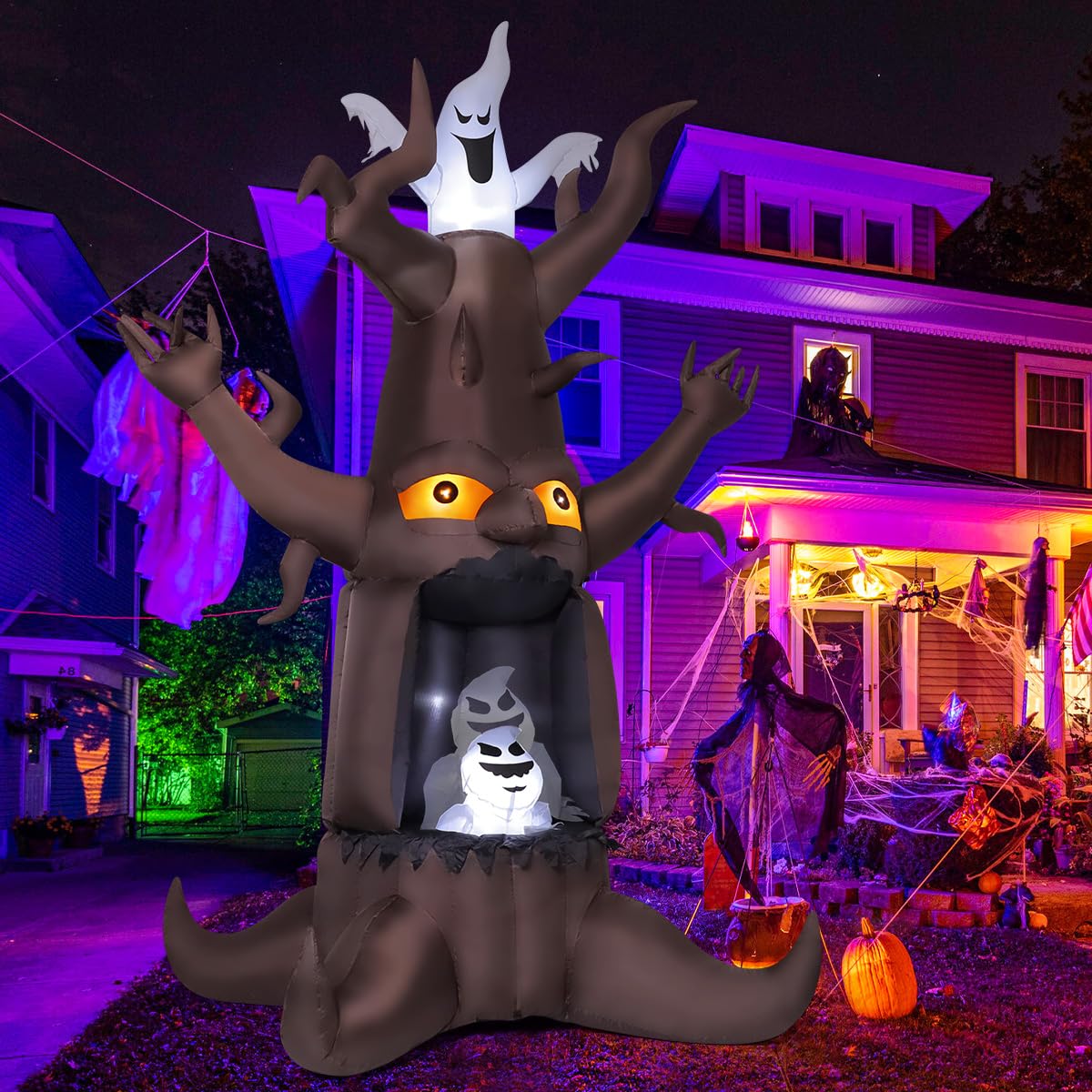 9 Ft Animated Inflatable Dead Tree and White Ghost with Built-In LEDs Z53951