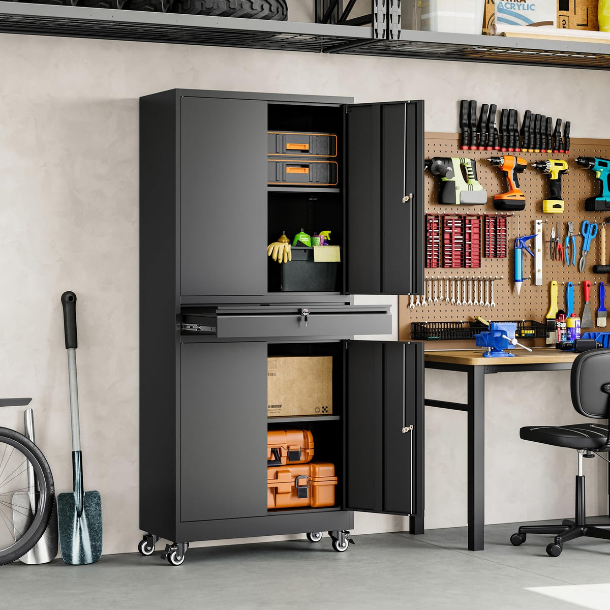 Black Metal Rolling Storage Cabinet with Locking Doors and 1 Drawer O29051