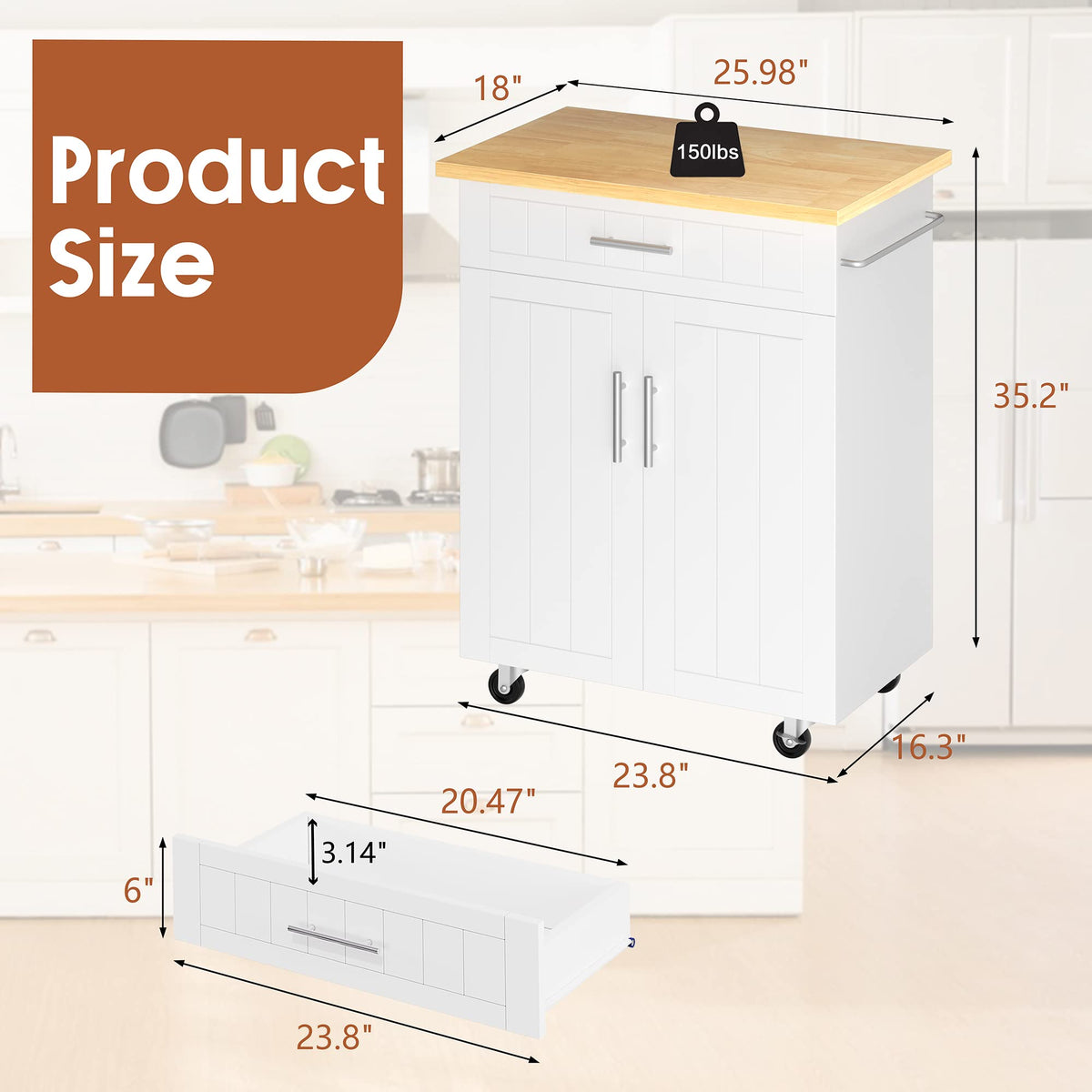 26" Rolling Kitchen Island Cart with Drawer, Shelves, Towel Rack, Lockable Casters, White R38183