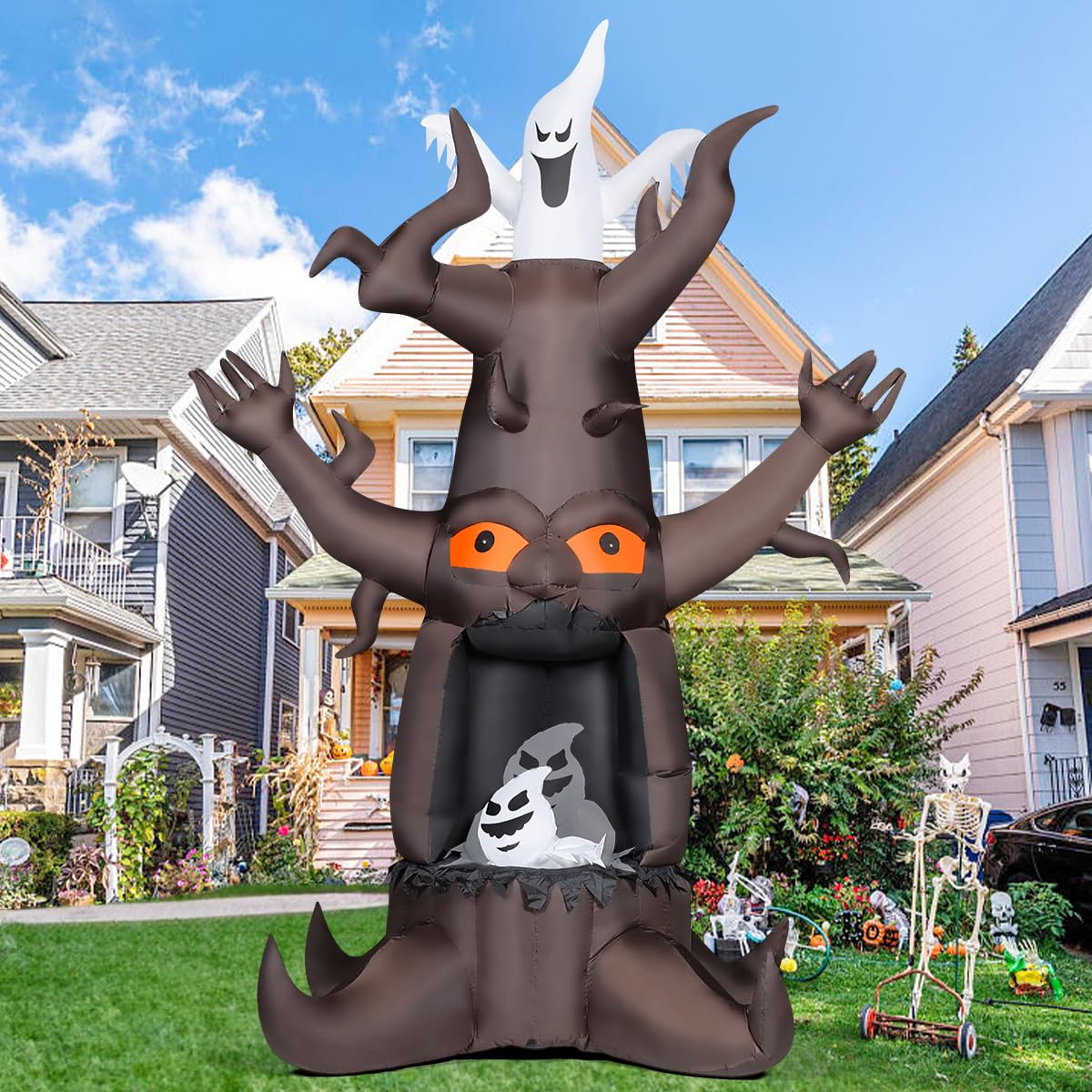 9 Ft Animated Inflatable Dead Tree and White Ghost with Built-In LEDs Z53951