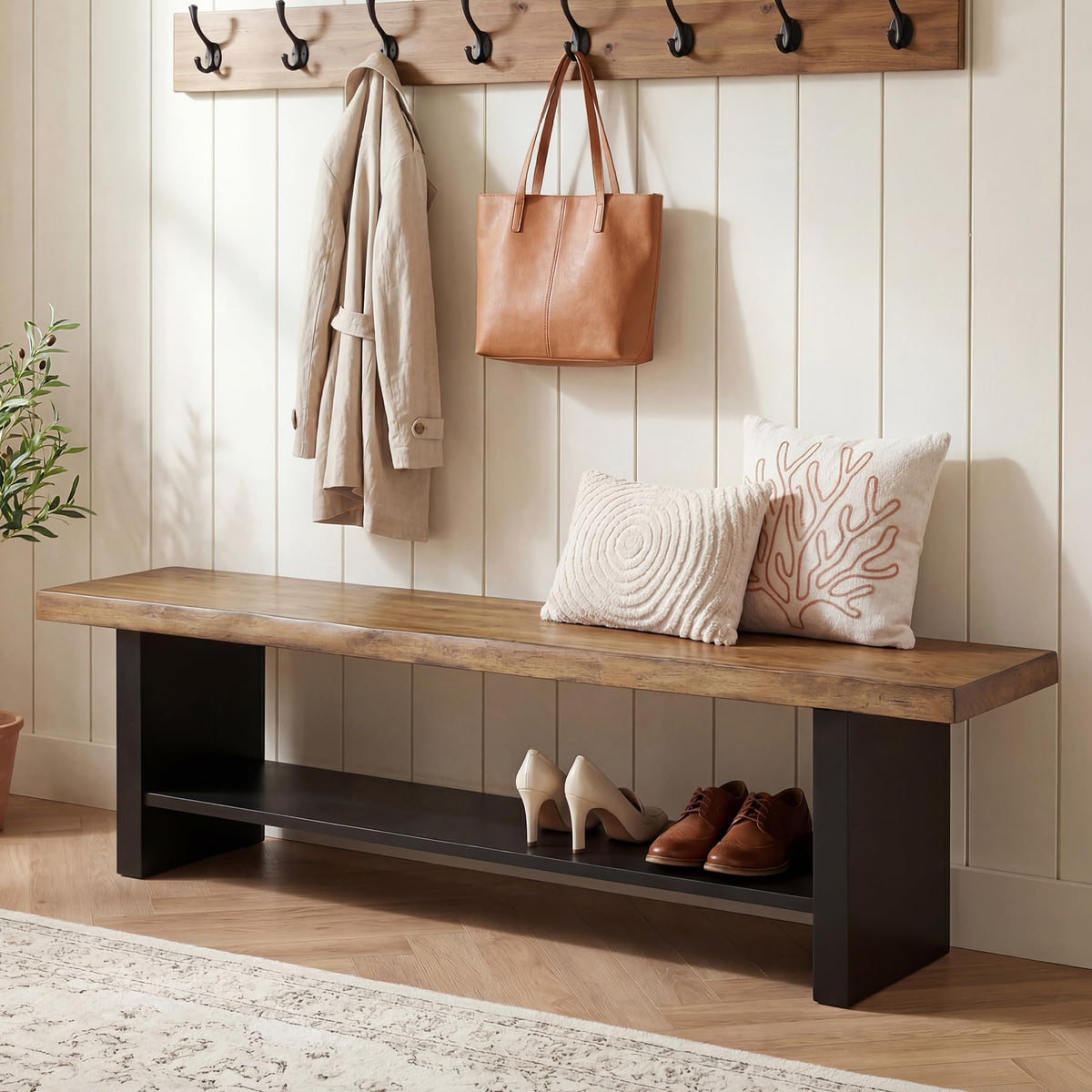 55" Solid Wood 2-Tier Shoe Storage Bench G165868