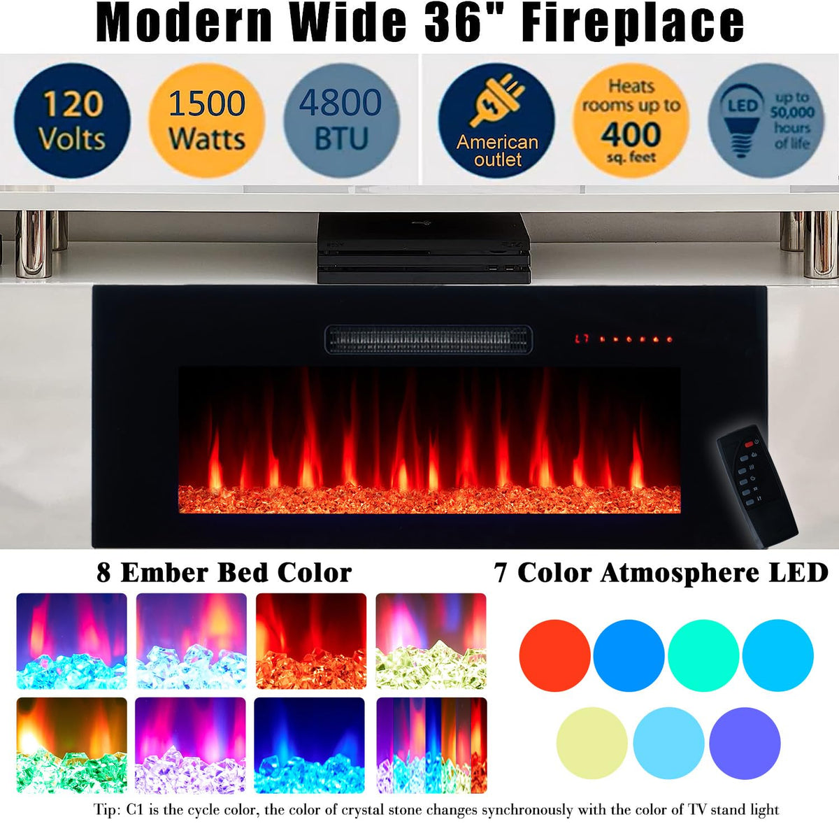 70" High-Gloss TV Stand with 36" Electric Fireplace K74142