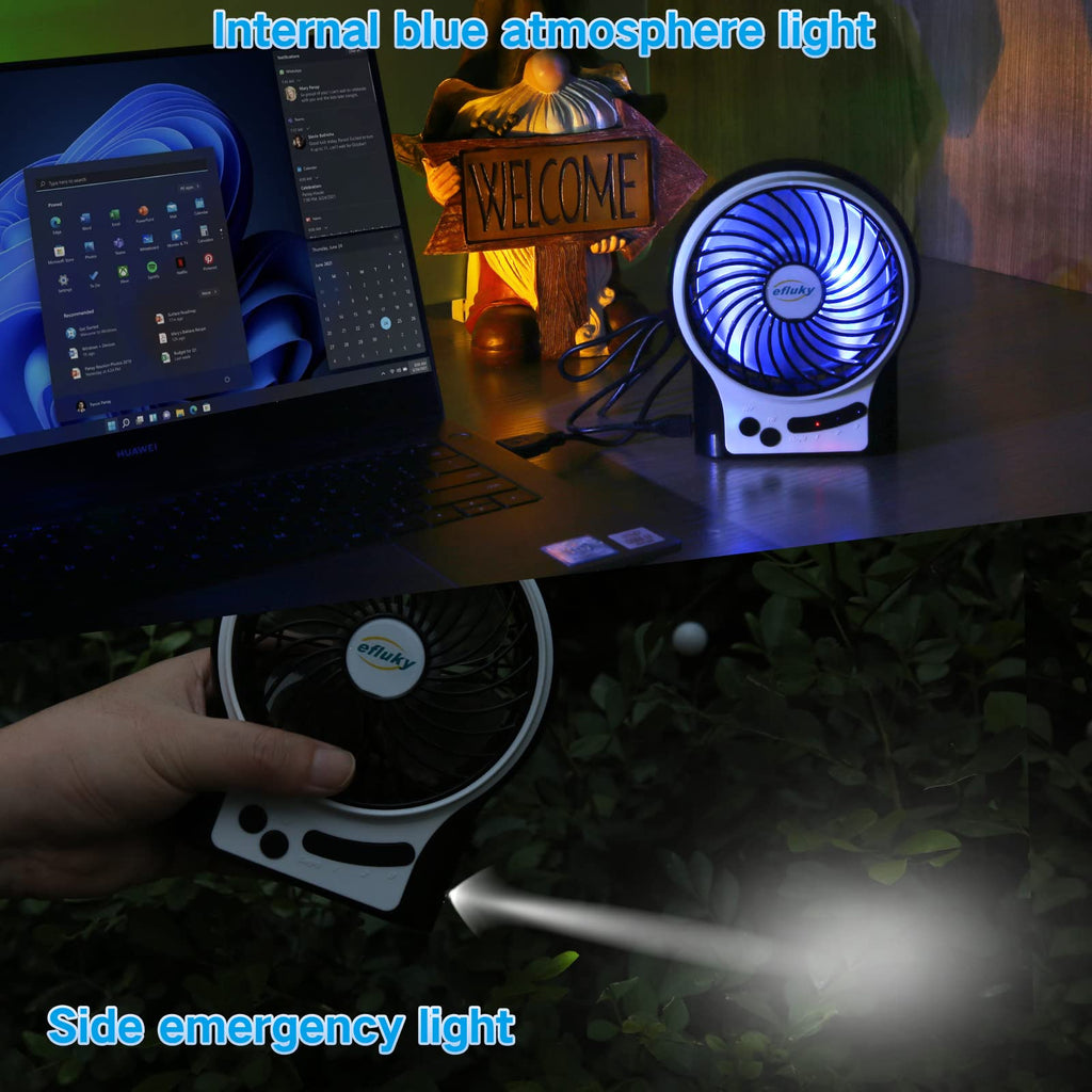 4.9-Inch Mini Desk Fan, 3 Speeds, Rechargeable USB Powered with LED Light, Black I730744