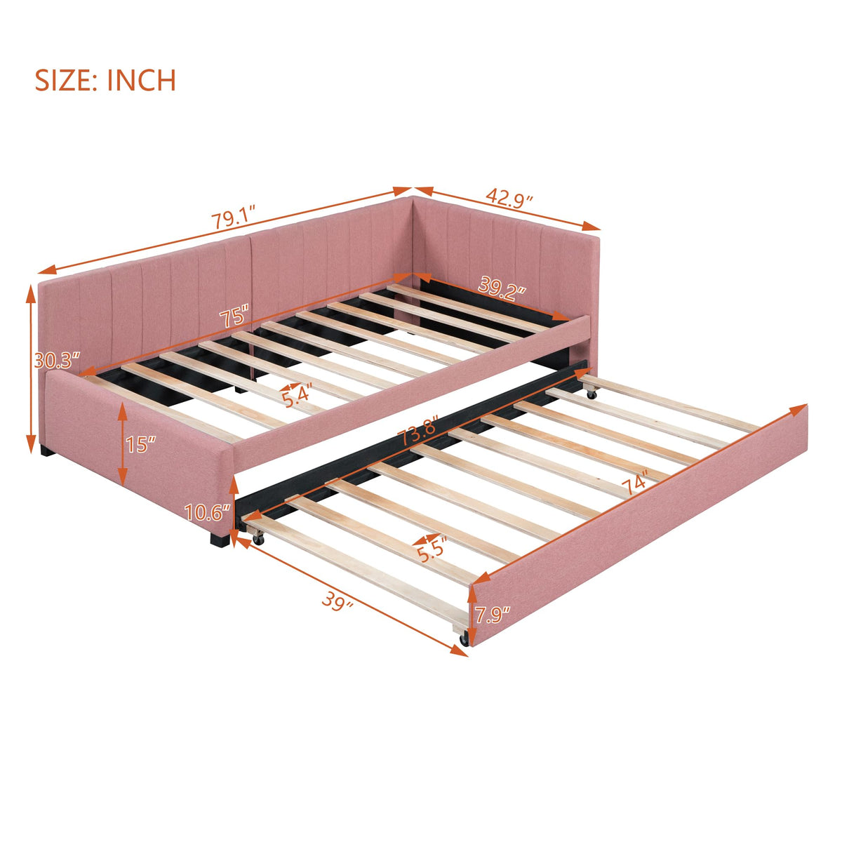 Pink Linen Fabric Twin Size Daybed with Trundle N241399
