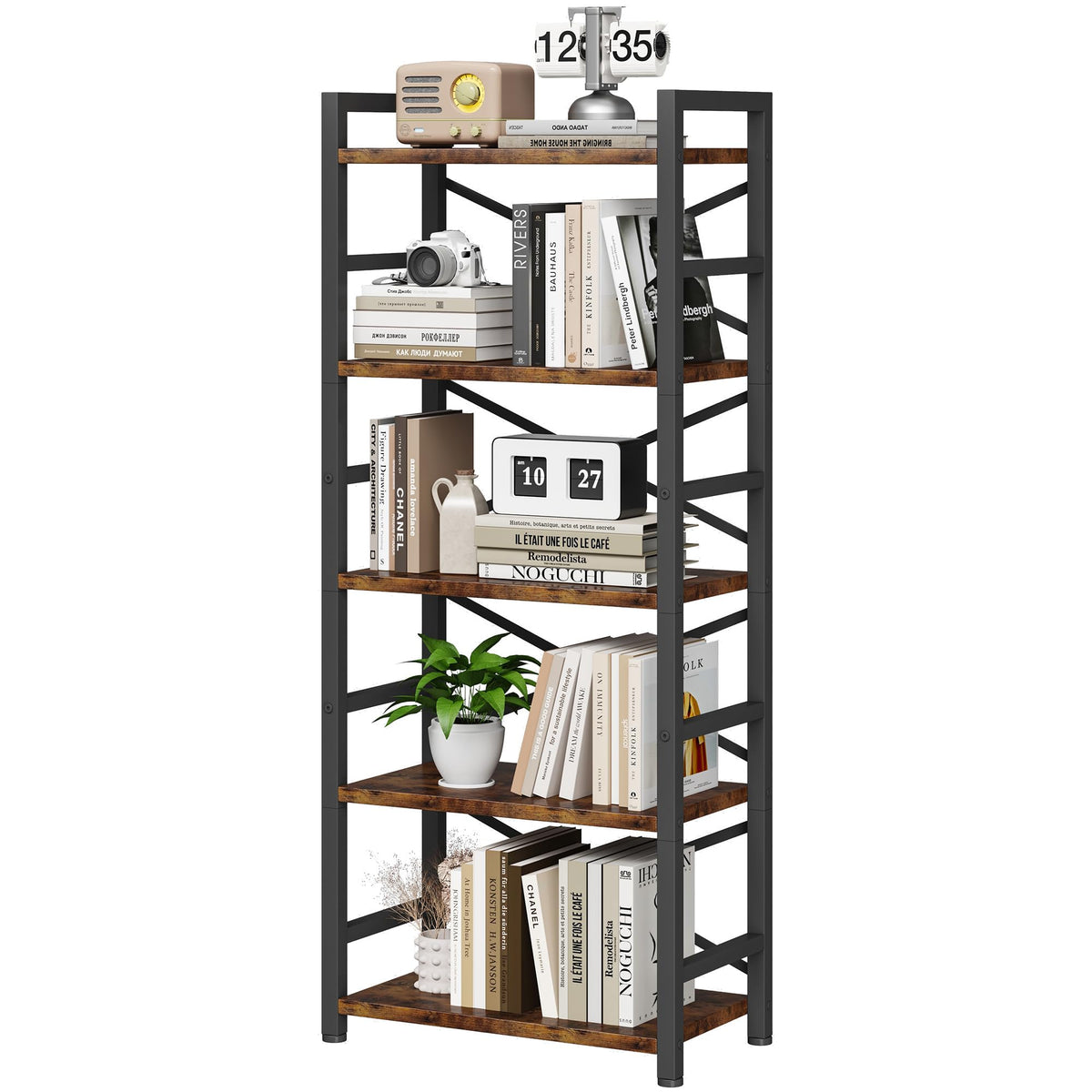 5 Tier Wood and Metal Bookshelf Y925343