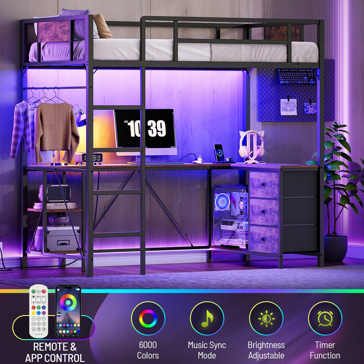Twin Size Metal Loft Bed with L-Shaped Desk, 3 Storage Drawers, LED Light & Ladder H278