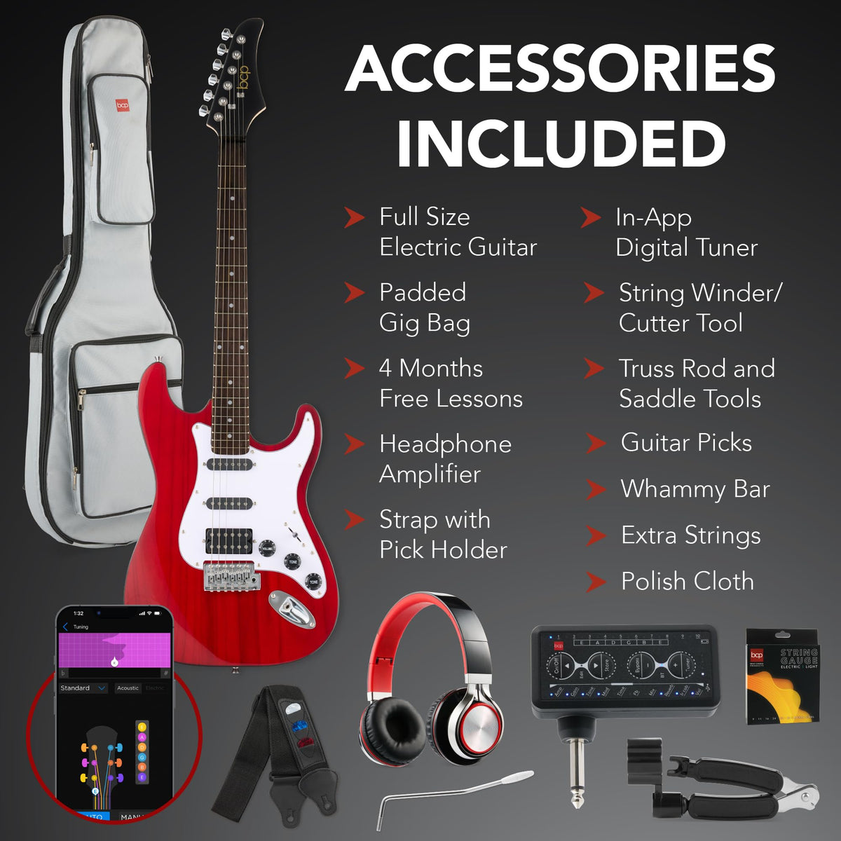Cherry Red White Electric Guitar Kit with Headphone Amp C2558