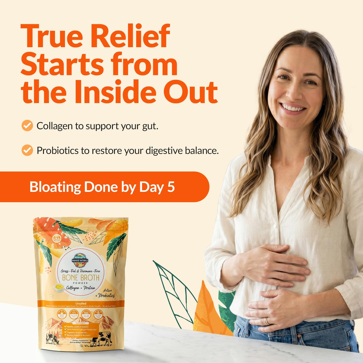 100% Grass-Fed Beef Bone Broth Powder with Probiotics Collagen 15g Protein A67908