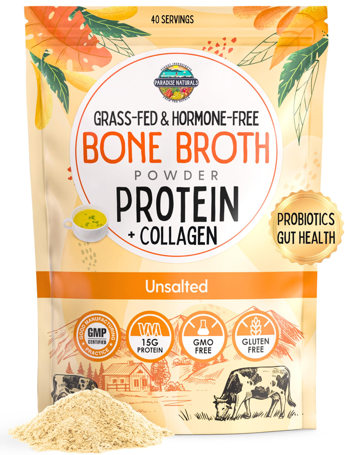 100% Grass-Fed Beef Bone Broth Powder with Probiotics Collagen 15g Protein A67908