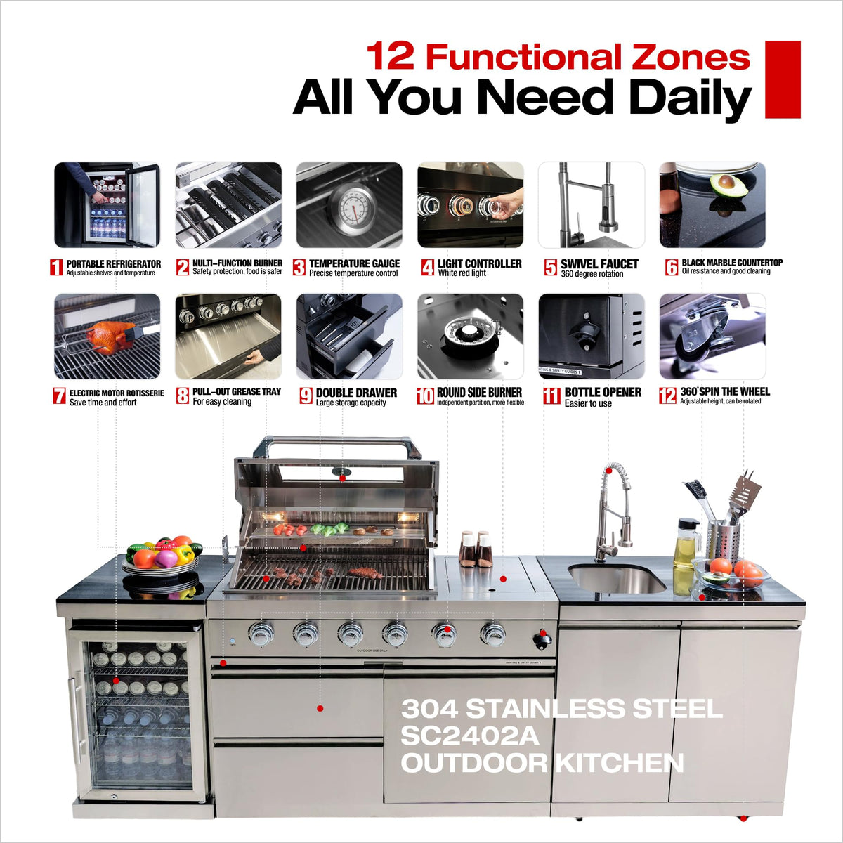 98 Inches 4-Burner Propane Stainless Steel Outdoor Kitchen Island with Refrigerator and Sink I743398