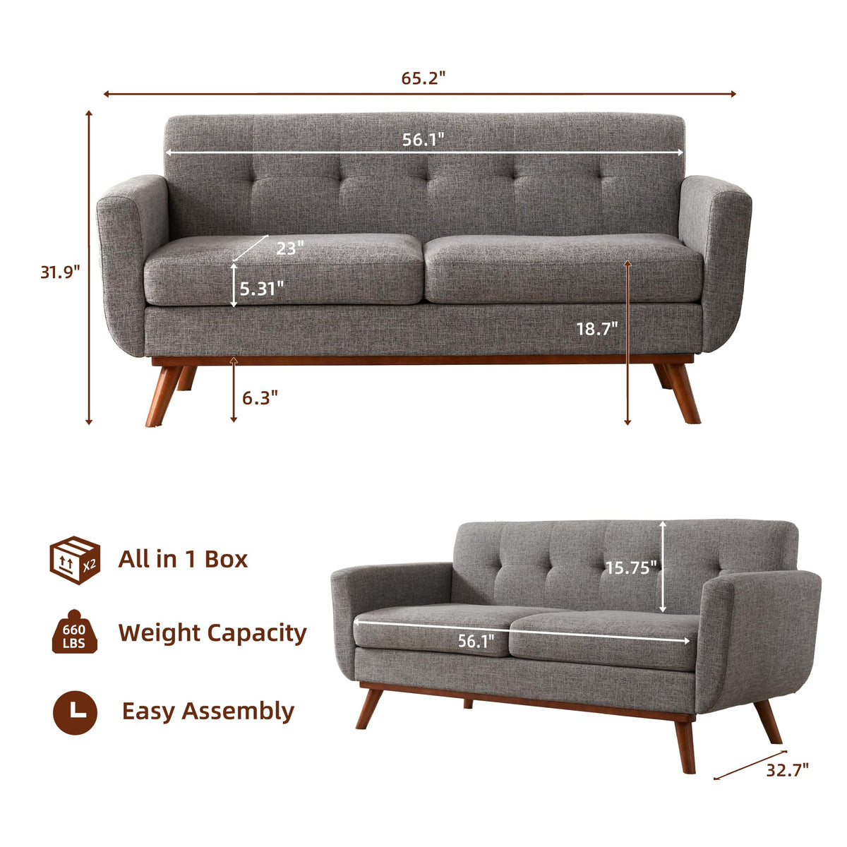 65.2" W Grey Button Tufted Loveseat Sofa Q26480