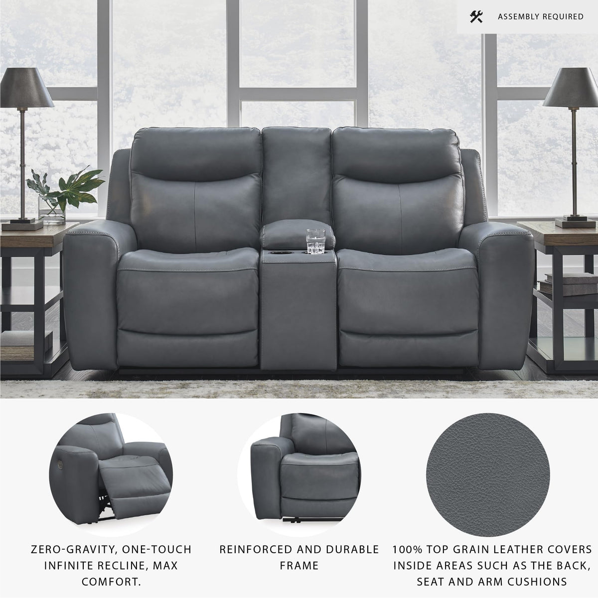 Gray Leather Match Power Reclining Loveseat with Console E48352
