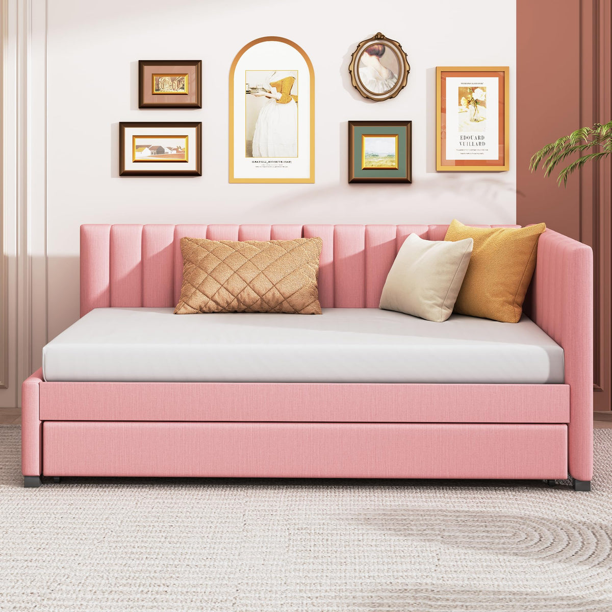 Pink Linen Fabric Twin Size Daybed with Trundle N241399