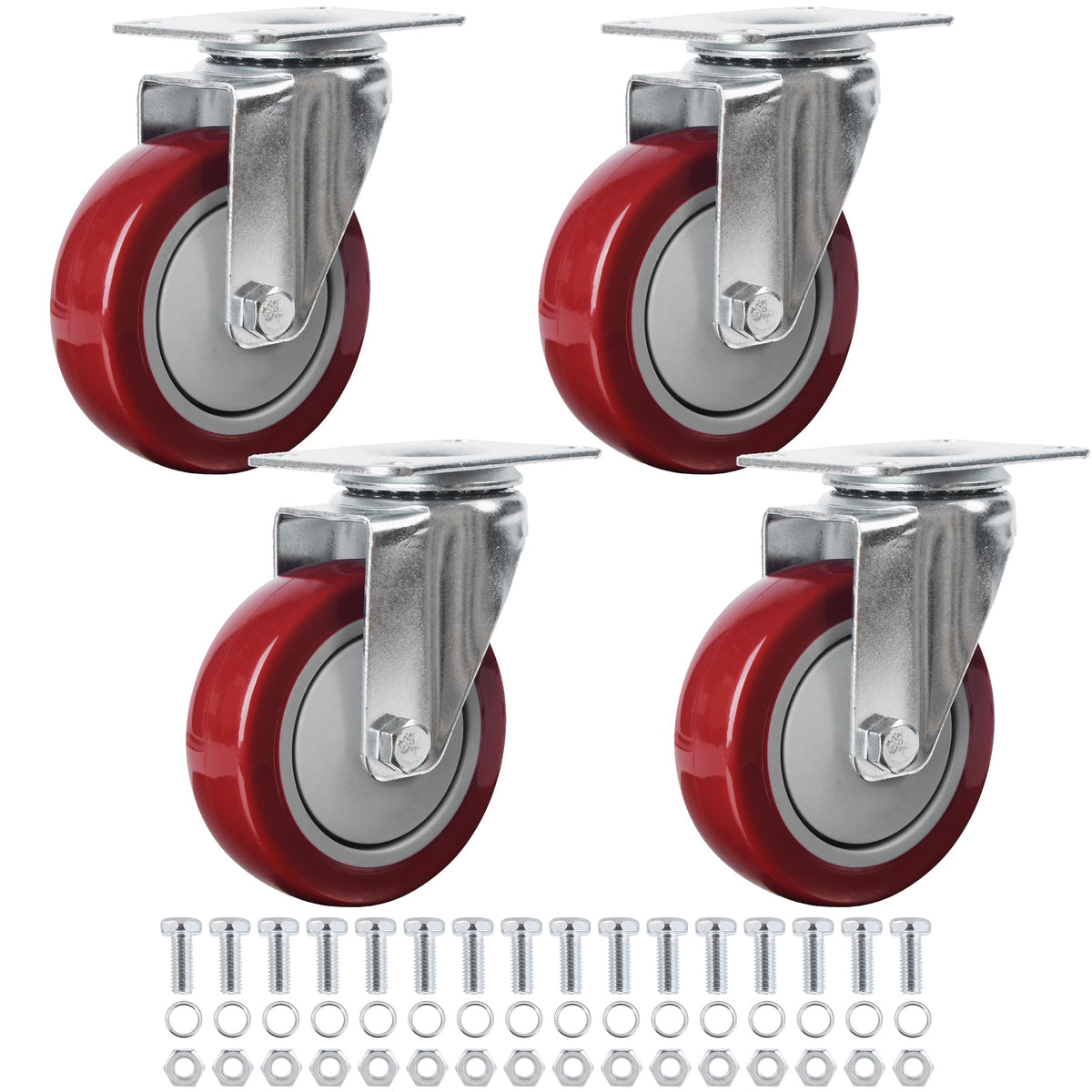 4” Swivel Plate Casters Set of 4 Heavy Duty Polyurethane Wheels Red N674