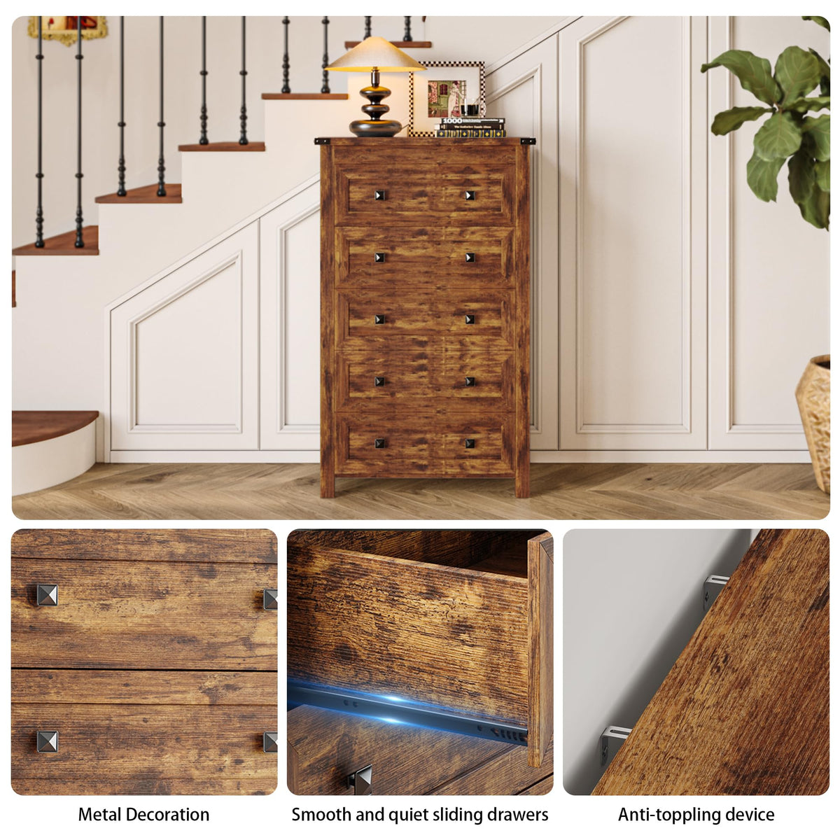 Brown Tall 5 Drawer Wood Dresser with Metal Handles C6731