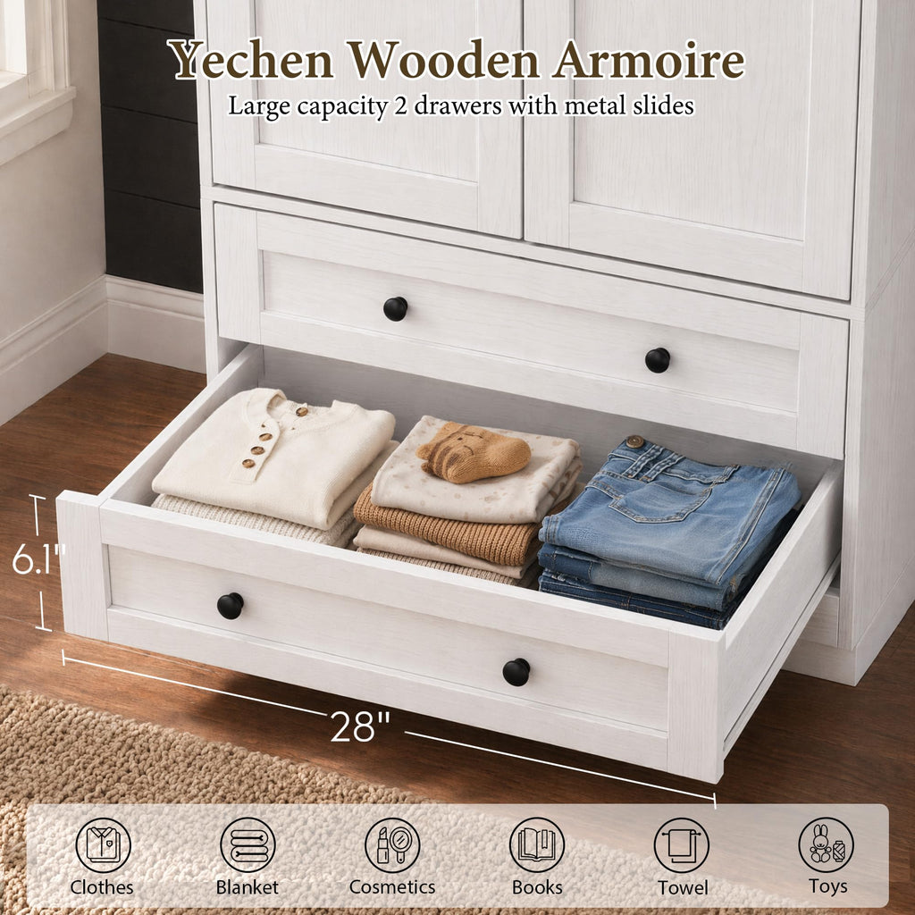 71" White Wooden Armoire Wardrobe Closet with 2 Doors & 2 Drawers C3751
