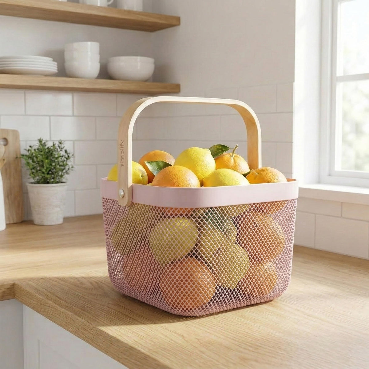 Small Mesh Storage Basket with Wooden Handle I284