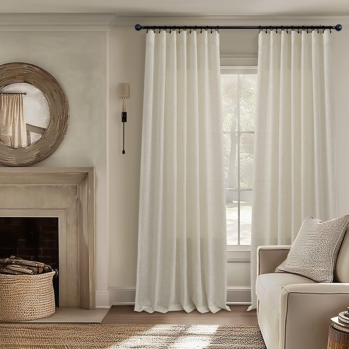 Flax Linen Beige Semi Sheer Curtains 108 Inch 2 Panels U34083