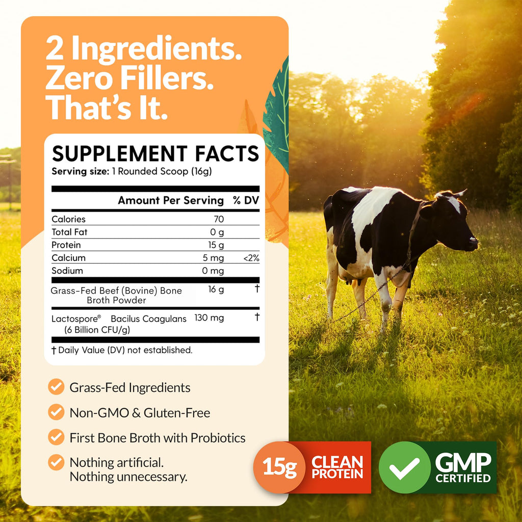 100% Grass-Fed Beef Bone Broth Powder with Probiotics Collagen 15g Protein A67908