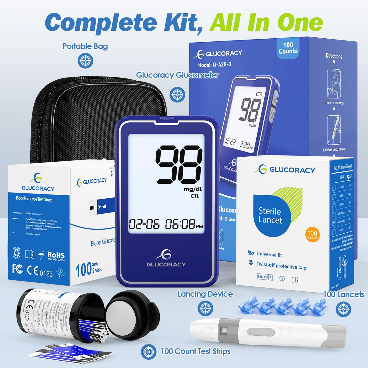 Blood Glucose Monitor Kit with 100 Test Strips O296407