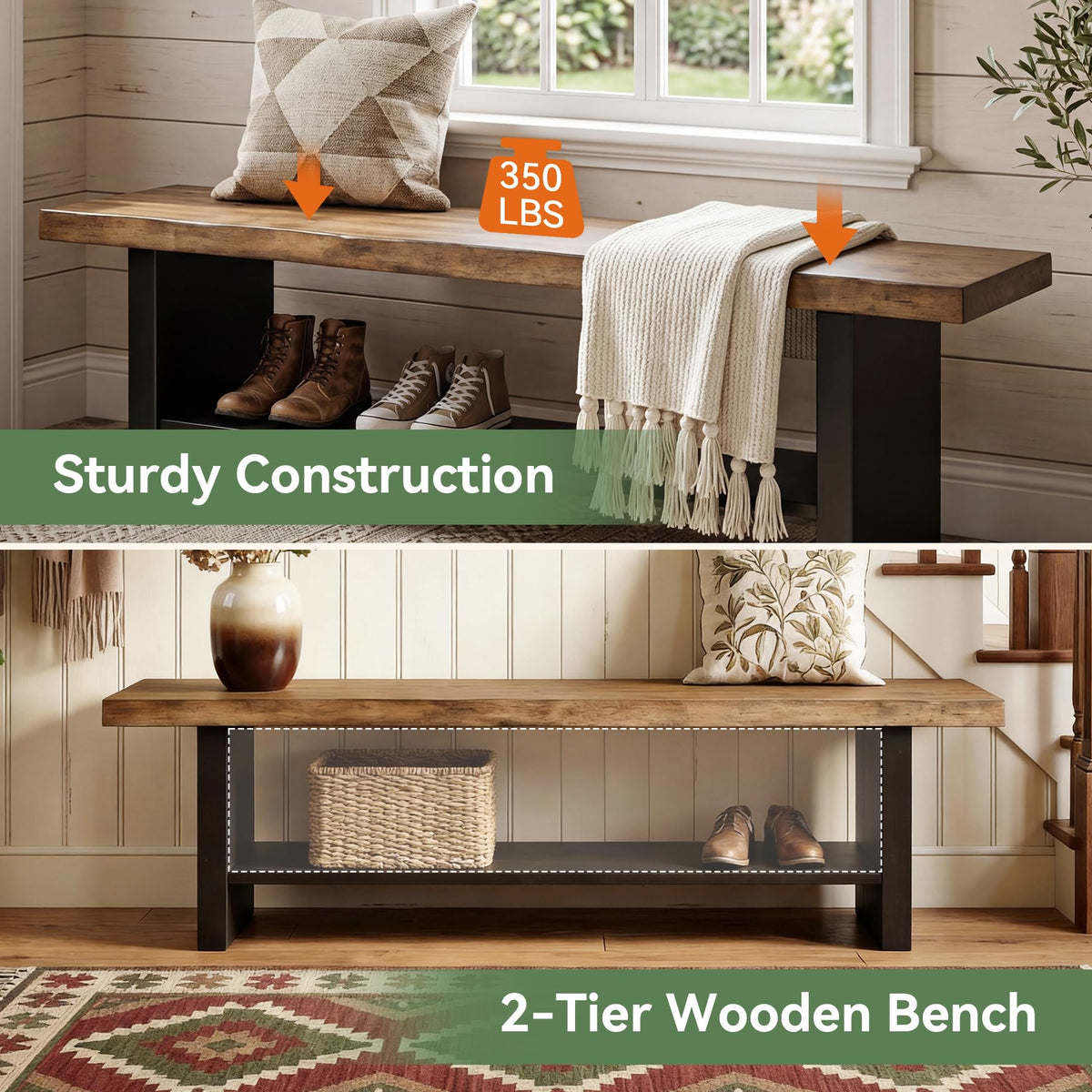 55" Solid Wood 2-Tier Shoe Storage Bench G165868