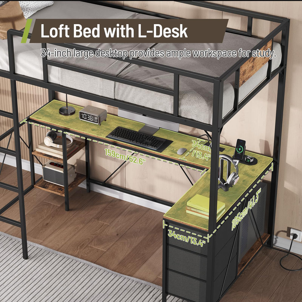 Twin Size Metal Loft Bed with L-Shaped Desk, 3 Storage Drawers, LED Light & Ladder H278