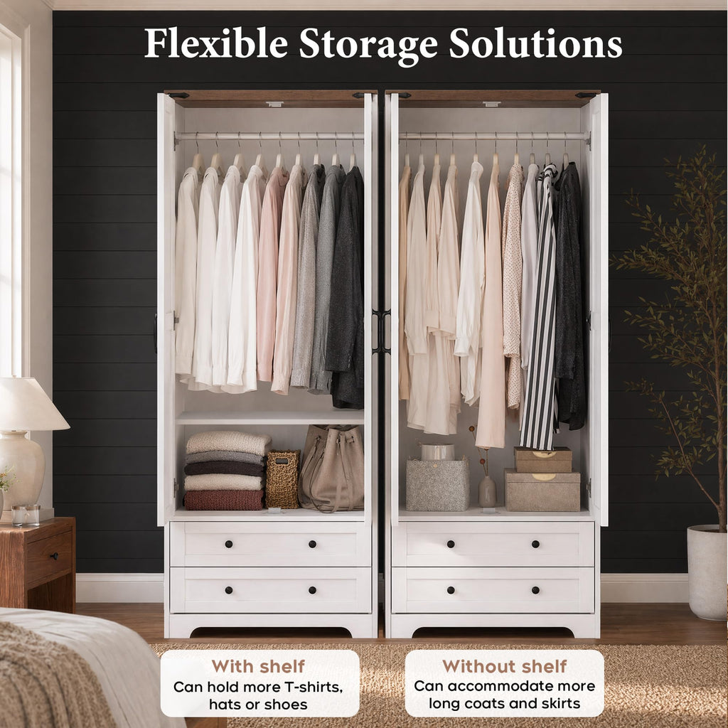 71" White Wooden Armoire Wardrobe Closet with 2 Doors & 2 Drawers C3751