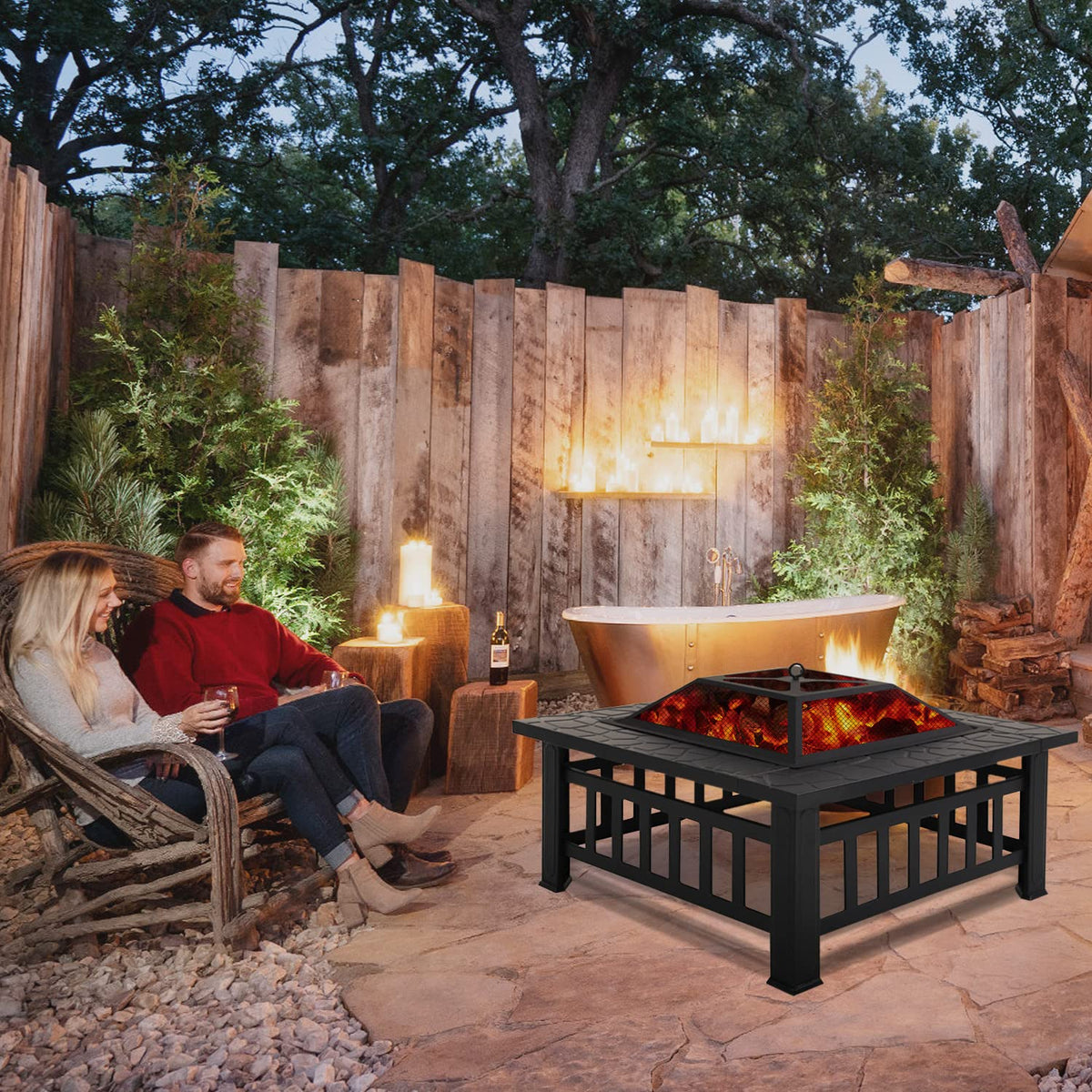 32" Square Wood Burning Fire Pit Table with Spark Screen Y376532