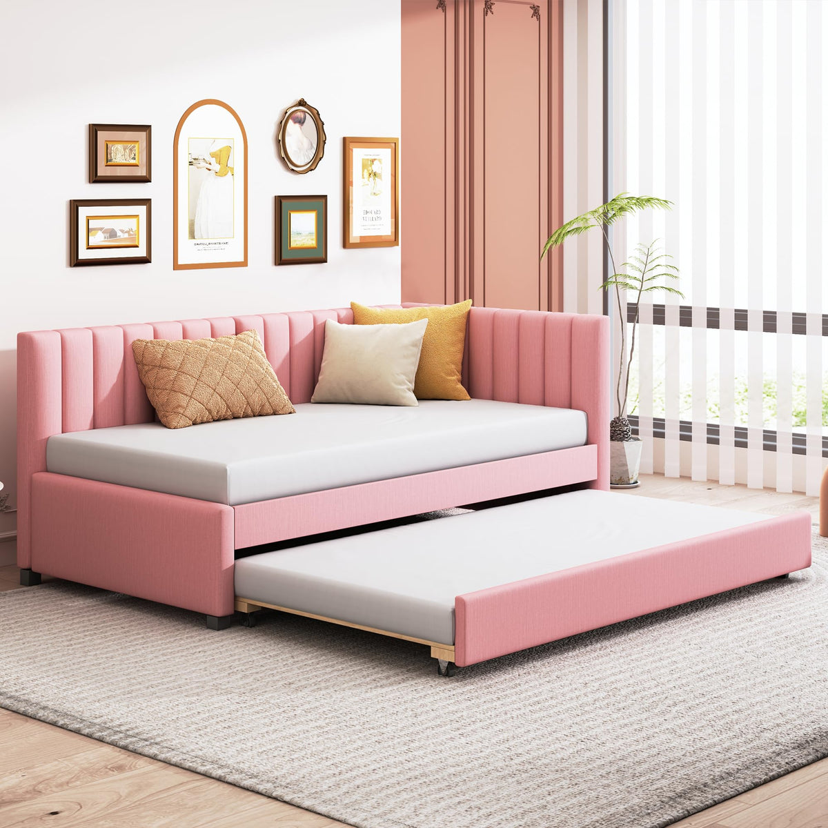 Pink Linen Fabric Twin Size Daybed with Trundle N241399