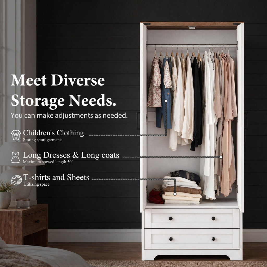 71" White Wooden Armoire Wardrobe Closet with 2 Doors & 2 Drawers C3751