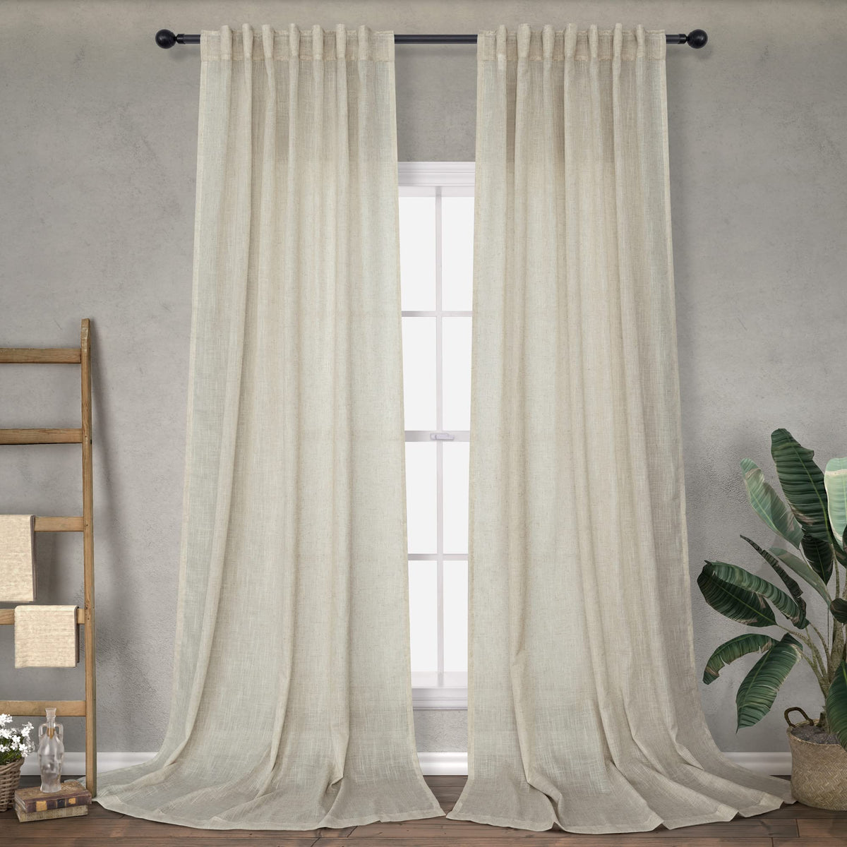 Flax Linen Beige Semi Sheer Curtains 108 Inch 2 Panels U34083