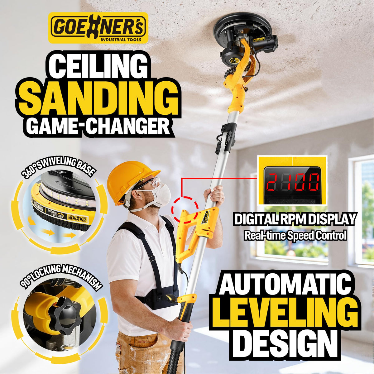 950W Electric Drywall Sander with Vacuum Dust Collector J3894