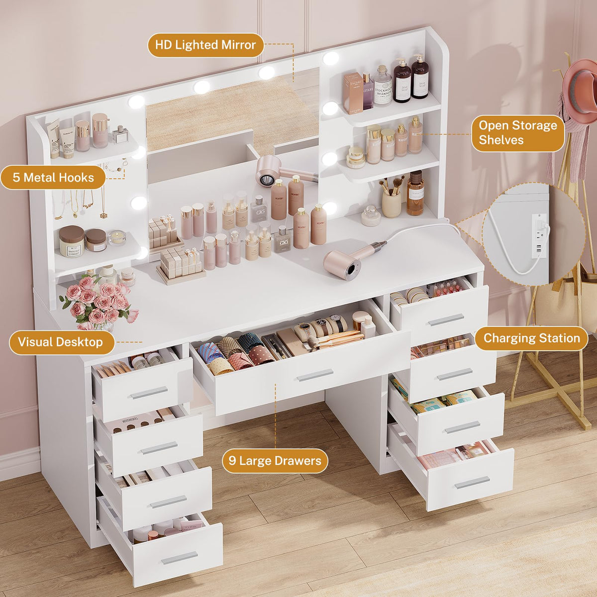 White Vanity Desk with Mirror and Lights, 9 Drawers, Outlet U797736