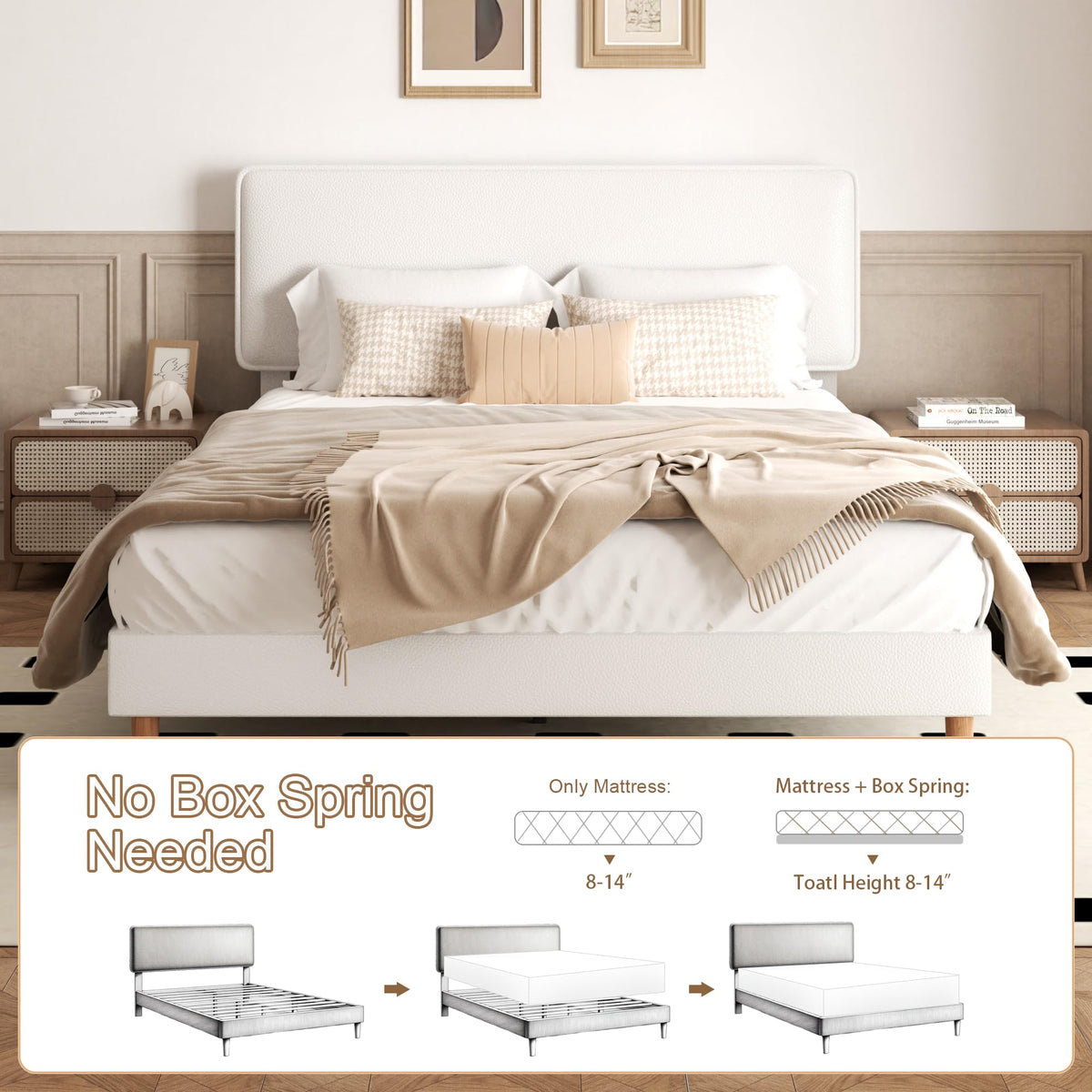 White Upholstered Bed Frame with Adjustable Headboard V828652