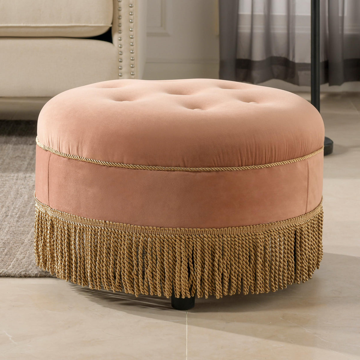 24" Orange Velvet Round Tufted Ottoman D995844